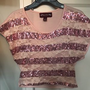 Pink sequin and lace striped crop top